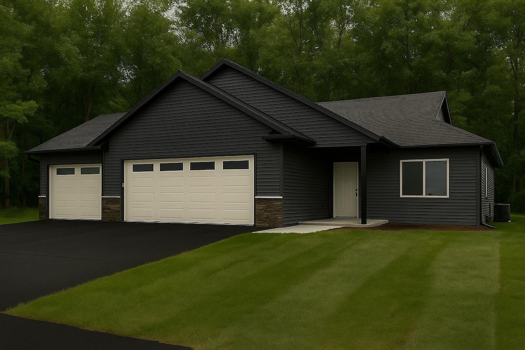 4680 Cedar Scenic Rd N, Baxter, MN 56425 - view of front of home featuring driveway, a garage, stone siding, a front yard, and a shingled roof