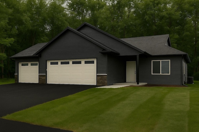 4680 Cedar Scenic Rd N, Baxter, MN 56425 - view of front of home featuring driveway, a garage, stone siding, a front yard, and a shingled roof