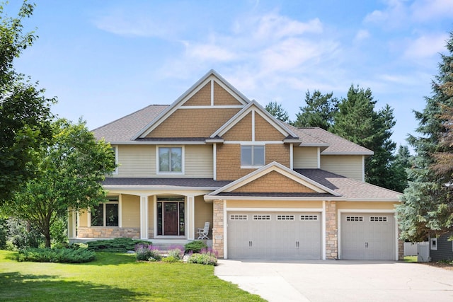 18658 Ponderosa Ct, Eden Prairie, MN 55347 - craftsman-style home featuring stone siding, a front lawn, an attached garage, driveway, and a shingled roof