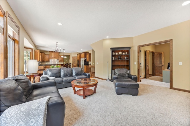 18658 Ponderosa Ct, Eden Prairie, MN 55347 - living area with light carpet, a chandelier, and recessed lighting