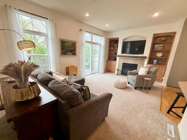 8124 Oakview Ln N Unit 47, Maple Grove, MN 55369 - carpeted living area with a fireplace, recessed lighting, and built in shelves