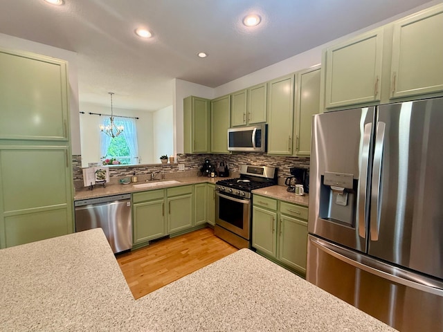 8124 Oakview Ln N Unit 47, Maple Grove, MN 55369 - kitchen with green cabinetry, appliances with stainless steel finishes, backsplash, light countertops, and recessed lighting