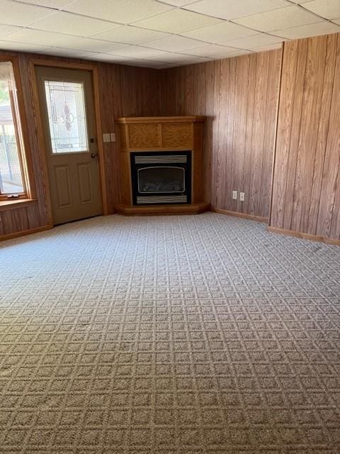 324 7th St, Windom, MN 56101 - unfurnished living room with carpet floors, a fireplace, and wood walls