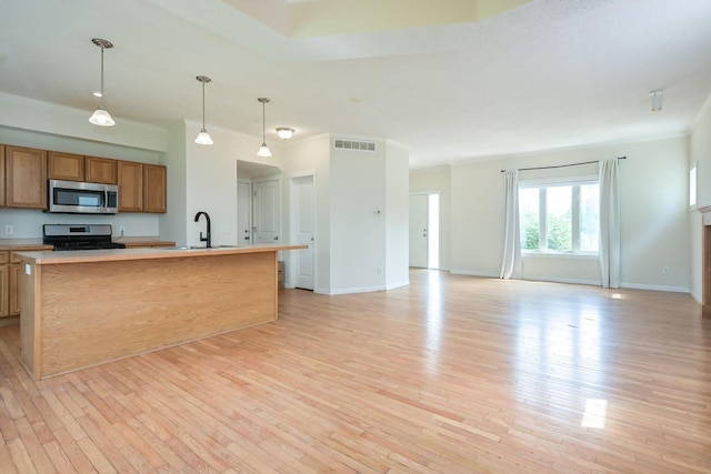 12344 67th St NE, Otsego, MN 55330 - kitchen with stainless steel appliances, brown cabinetry, light wood-style floors, open floor plan, and hanging light fixtures
