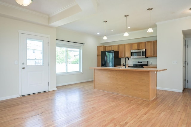 12344 67th St NE, Otsego, MN 55330 - kitchen featuring stainless steel appliances, brown cabinets, ornamental molding, light wood finished floors, and hanging light fixtures