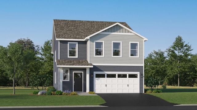 3882 Heath Ave N, Oakdale, MN 55128 - view of front of home featuring a shingled roof, asphalt driveway, an attached garage, a front lawn, and board and batten siding