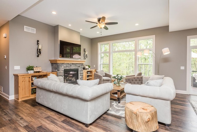 29680 Hidden Forest Blvd, Chisago City, MN 55013 - living room featuring ceiling fan, a fireplace, dark wood-type flooring, and recessed lighting