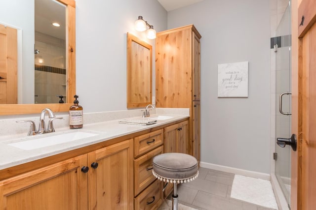 29680 Hidden Forest Blvd, Chisago City, MN 55013 - full bath featuring a shower stall, double vanity, and tile patterned flooring