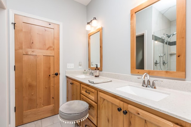 29680 Hidden Forest Blvd, Chisago City, MN 55013 - full bath with double vanity, a shower, and tile patterned flooring
