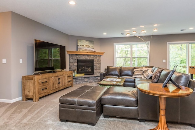 29680 Hidden Forest Blvd, Chisago City, MN 55013 - living room featuring carpet flooring, recessed lighting, plenty of natural light, and a fireplace