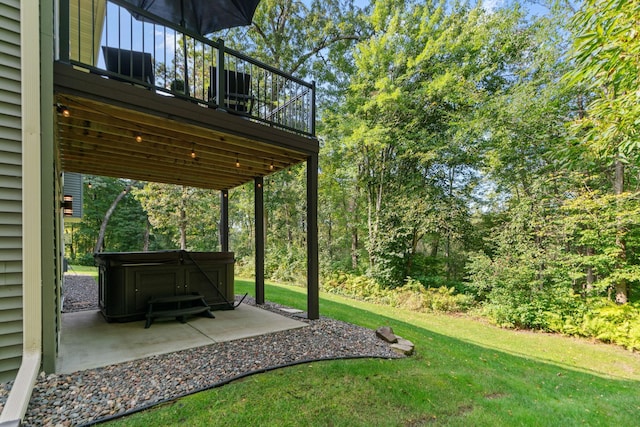 29680 Hidden Forest Blvd, Chisago City, MN 55013 - view of grassy yard with a hot tub, a patio, and a wooden deck
