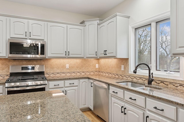 4584 162nd Ln NW, Andover, MN 55304 - kitchen featuring stainless steel appliances, light stone countertops, white cabinetry, and tasteful backsplash