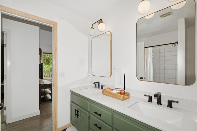 409 Birch Ave NW, Saint Michael, MN 55376 - full bathroom with double vanity, wood finished floors, and a shower with curtain