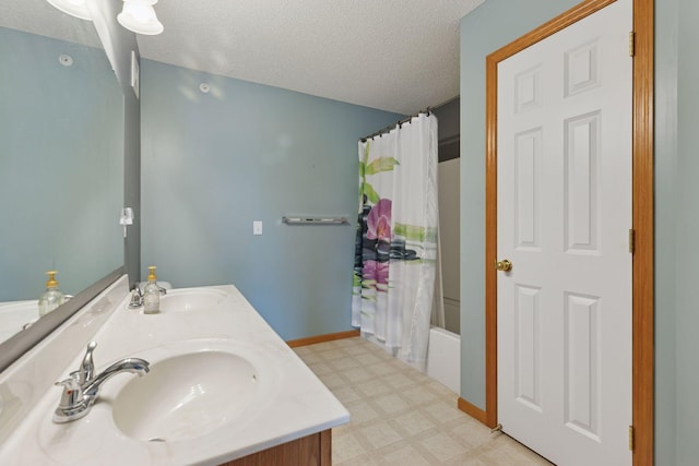 7308 Unity Ln N, Brooklyn Park, MN 55443 - full bath featuring tile patterned floors, a textured ceiling, double vanity, and shower / bath combination with curtain