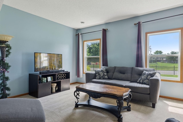 7308 Unity Ln N, Brooklyn Park, MN 55443 - carpeted living room with baseboards and a textured ceiling