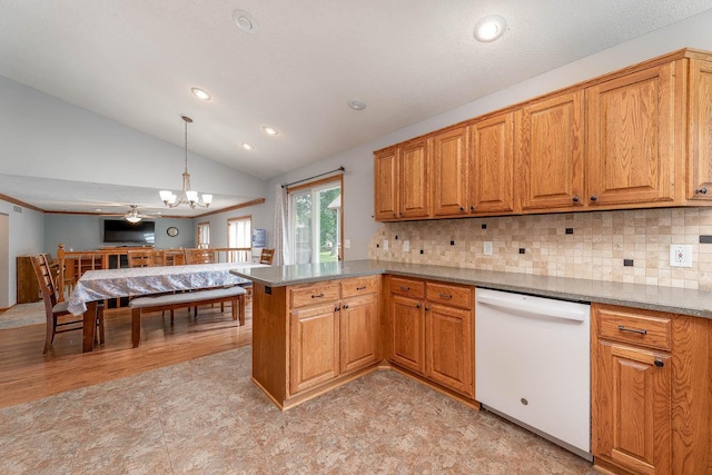 25 Piccadilly Pl, Mankato, MN 56001 - kitchen featuring white dishwasher, vaulted ceiling, a peninsula, backsplash, and recessed lighting
