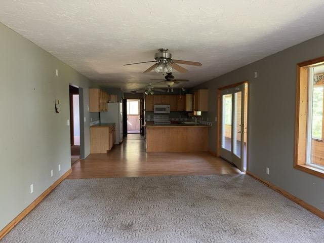 7300 County Road 8 NE, Longville, MN 56655 - kitchen featuring light colored carpet, white appliances, a peninsula, open floor plan, and a ceiling fan