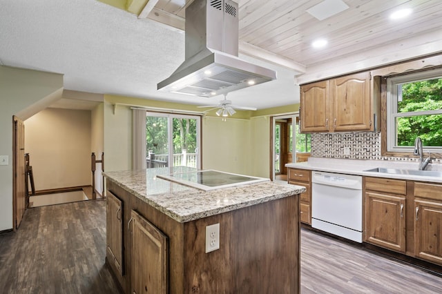 14476 261st Ave NW, Orrock Twp, MN 55398 - kitchen with white dishwasher, island range hood, a center island, electric stovetop, and dark wood-style floors