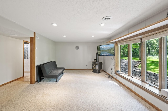 14476 261st Ave NW, Orrock Twp, MN 55398 - unfurnished room featuring a wood stove, carpet, recessed lighting, and a textured ceiling