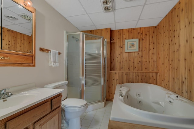 104 9th Ave N, Sartell, MN 56377 - full bathroom with a paneled ceiling, a shower stall, vanity, a whirlpool tub, and tile patterned flooring