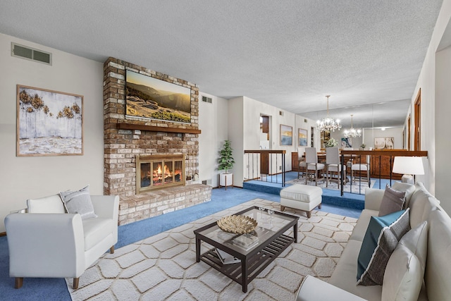 1267 Nursery Hill Ln, Arden Hills, MN 55112 - carpeted living area with a chandelier, a brick fireplace, and a textured ceiling