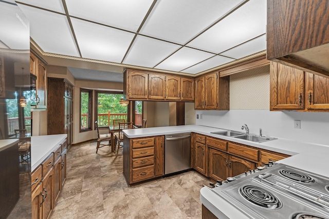 1267 Nursery Hill Ln, Arden Hills, MN 55112 - kitchen with stainless steel dishwasher, stove, a peninsula, light countertops, and brown cabinetry