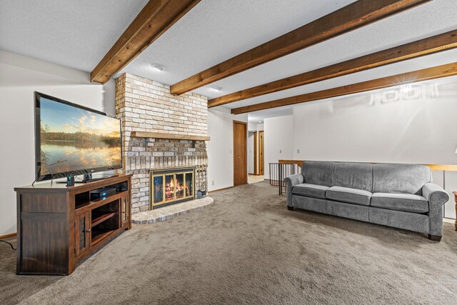 1267 Nursery Hill Ln, Arden Hills, MN 55112 - carpeted living area with a brick fireplace, beam ceiling, and a textured ceiling