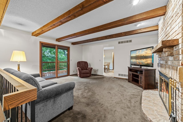 1267 Nursery Hill Ln, Arden Hills, MN 55112 - living room with a brick fireplace, carpet, beam ceiling, and a textured ceiling