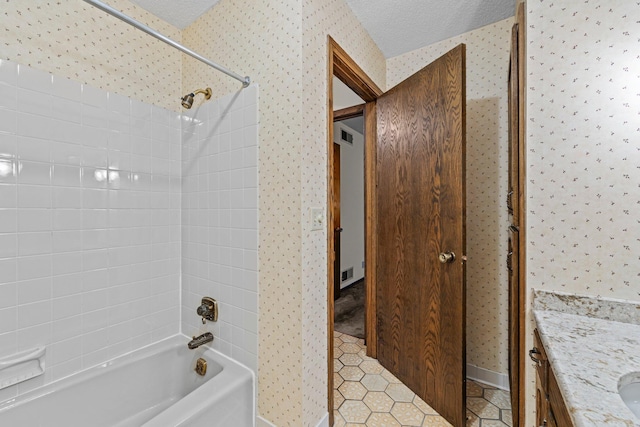 1267 Nursery Hill Ln, Arden Hills, MN 55112 - bathroom with  shower combination, vanity, wallpapered walls, tile patterned floors, and a textured ceiling