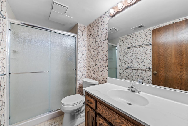 1267 Nursery Hill Ln, Arden Hills, MN 55112 - full bath featuring vanity, a stall shower, wallpapered walls, and tile patterned floors
