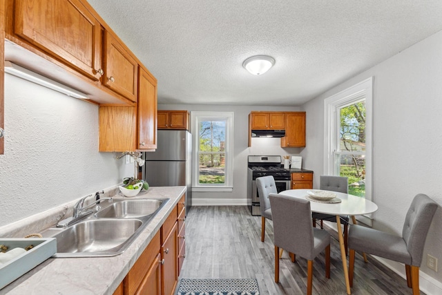 201 Genesee St, Saint Paul, MN 55117 - kitchen featuring stainless steel appliances, brown cabinetry, plenty of natural light, light wood-style floors, and a textured ceiling