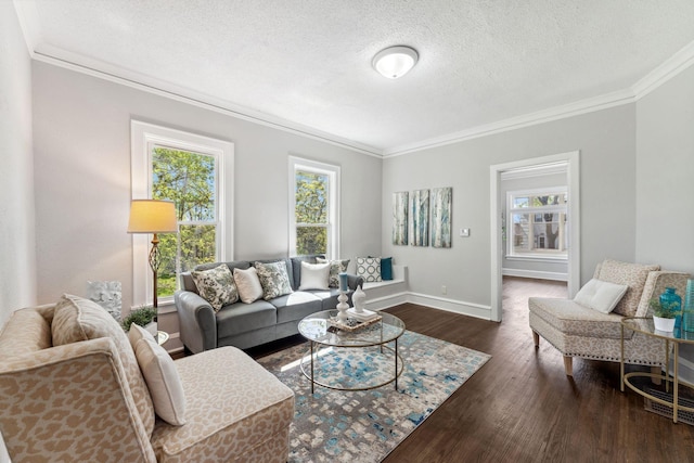 201 Genesee St, Saint Paul, MN 55117 - living area featuring crown molding, plenty of natural light, dark wood-type flooring, and a textured ceiling