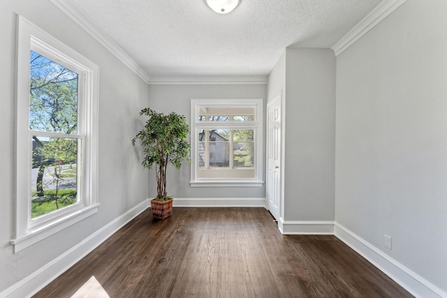 201 Genesee St, Saint Paul, MN 55117 - spare room with dark wood finished floors, a textured ceiling, and ornamental molding
