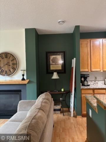 2460 119th Ct NE Unit D, Blaine, MN 55449 - living area featuring light wood finished floors, a glass covered fireplace, and a textured ceiling