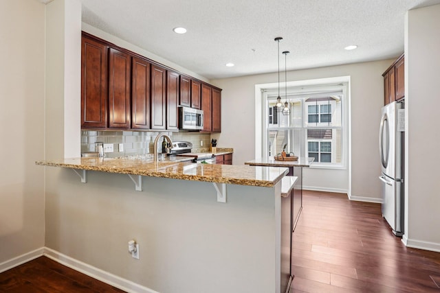 8257 Norwood Ln N, Maple Grove, MN 55369 - kitchen featuring stainless steel appliances, a peninsula, light stone counters, decorative backsplash, and dark wood-type flooring