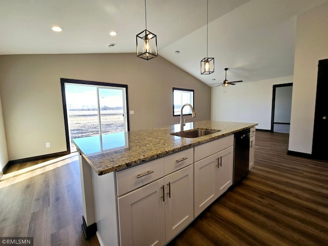 2101 Nelson St, Saint Peter, MN 56082 - kitchen with dark wood-style flooring, ceiling fan, dishwasher, open floor plan, and lofted ceiling