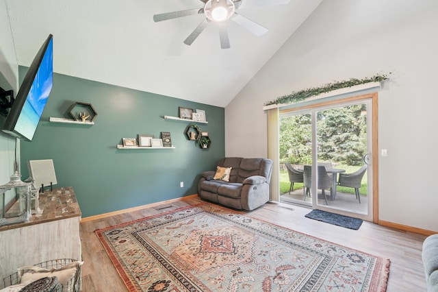 728 Elm St, Belle Plaine, MN 56011 - living room featuring high vaulted ceiling, wood finished floors, and a ceiling fan