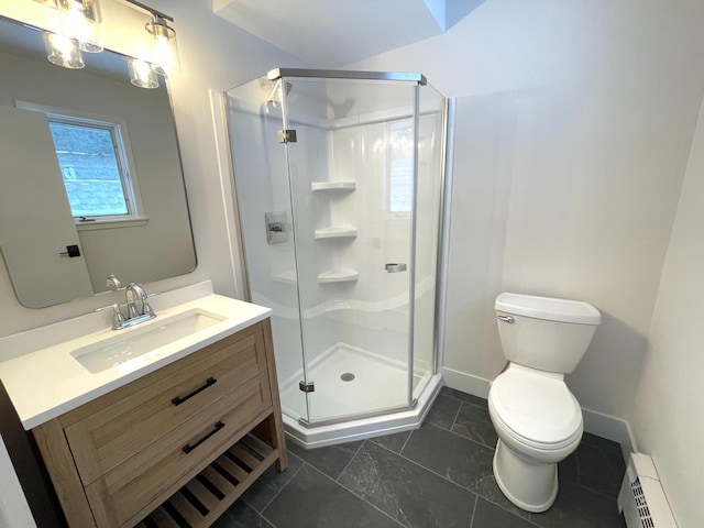 2611 Kyle Ave N, Golden Valley, MN 55422 - bathroom with baseboard heating, vanity, and a shower stall
