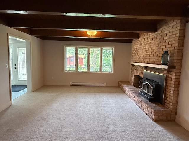 2611 Kyle Ave N, Golden Valley, MN 55422 - unfurnished living room featuring a baseboard heating unit, carpet, beamed ceiling, and a wood stove