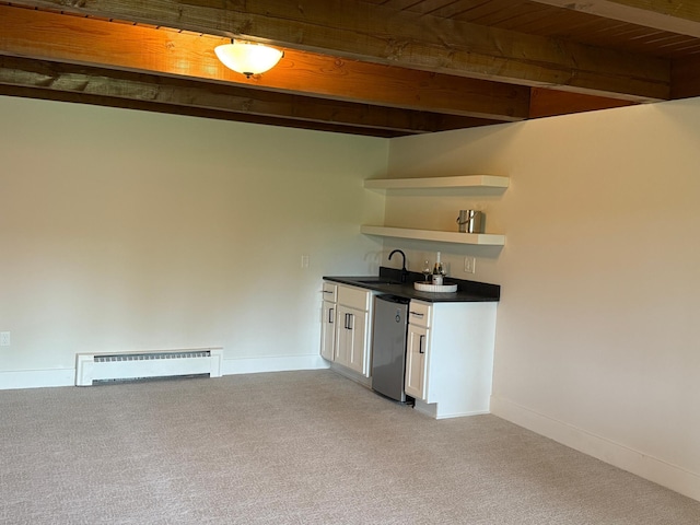 2611 Kyle Ave N, Golden Valley, MN 55422 - indoor wet bar with baseboard heating, light carpet, fridge, and a wooden ceiling with exposed beams
