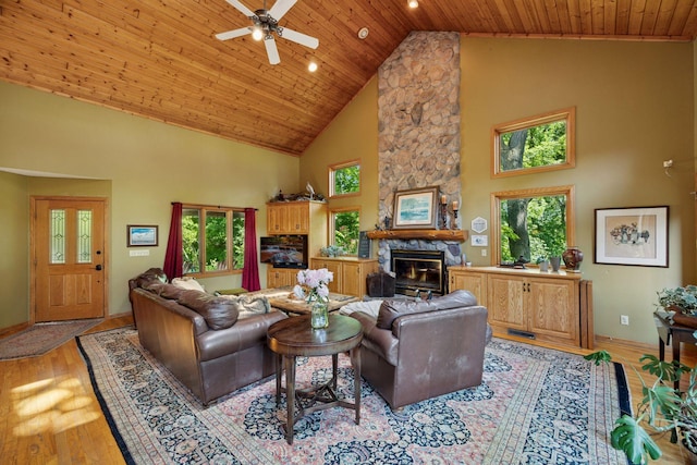 940 Brown Rd S, Wayzata, MN 55391 - living area featuring high vaulted ceiling, wooden ceiling, a fireplace, ceiling fan, and light wood-type flooring