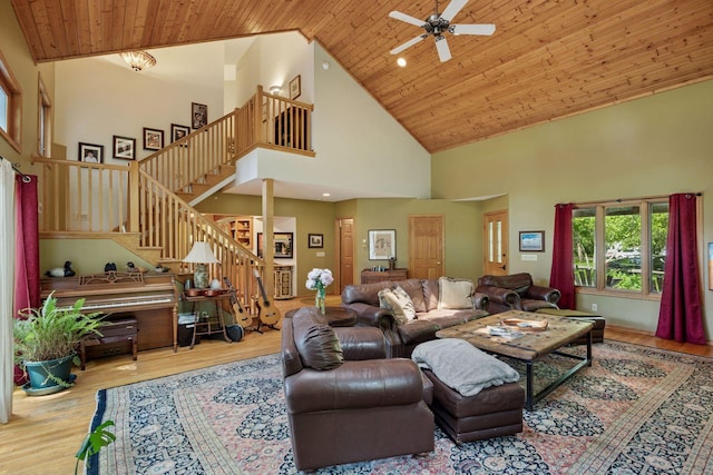 940 Brown Rd S, Wayzata, MN 55391 - living room with high vaulted ceiling, wood finished floors, ceiling fan, stairway, and wood ceiling