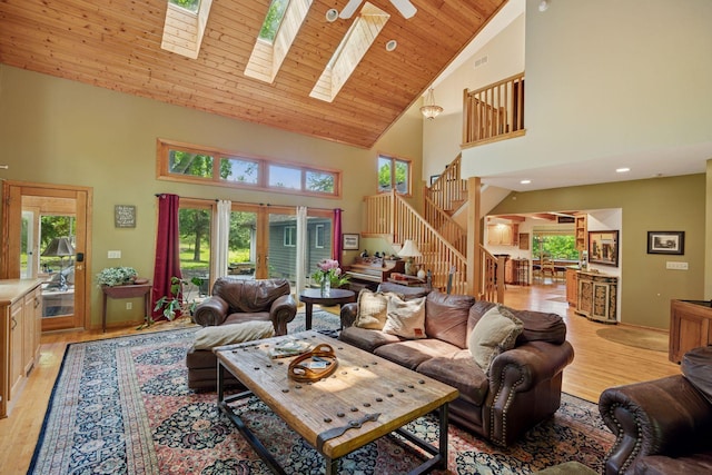 940 Brown Rd S, Wayzata, MN 55391 - living room with high vaulted ceiling, light wood-type flooring, stairway, a skylight, and healthy amount of natural light
