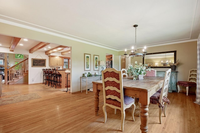 940 Brown Rd S, Wayzata, MN 55391 - dining space with a chandelier, stairs, light wood-style flooring, ornamental molding, and beamed ceiling
