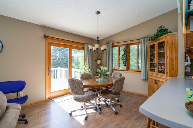 350 3rd St NE, Mcintosh, MN 56556 - dining space with a chandelier, wood finished floors, healthy amount of natural light, lofted ceiling, and a textured ceiling