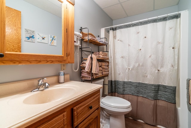 350 3rd St NE, Mcintosh, MN 56556 - full bathroom featuring vanity, curtained shower, wood finished floors, and a paneled ceiling