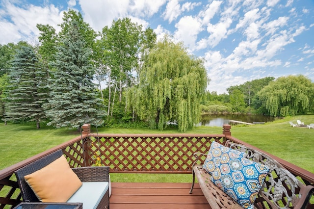 6257 185th Ave SE, Santiago Twp, MN 55308 - wooden terrace featuring a water view and a yard