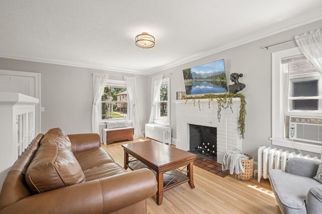 1407 Pascal St N, Saint Paul, MN 55108 - living area with radiator heating unit, ornamental molding, a brick fireplace, light wood-style flooring, and radiator