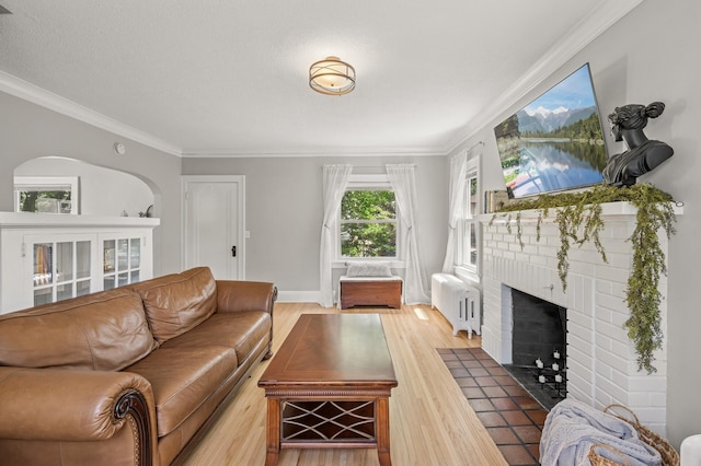 1407 Pascal St N, Saint Paul, MN 55108 - living area with radiator, wood finished floors, a brick fireplace, arched walkways, and ornamental molding