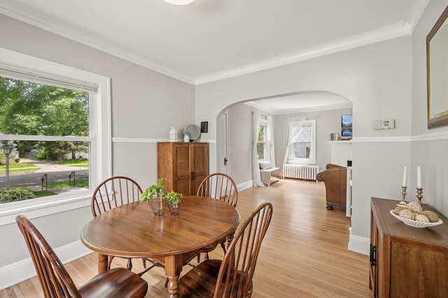 1407 Pascal St N, Saint Paul, MN 55108 - dining room featuring radiator, arched walkways, healthy amount of natural light, light wood-type flooring, and ornamental molding
